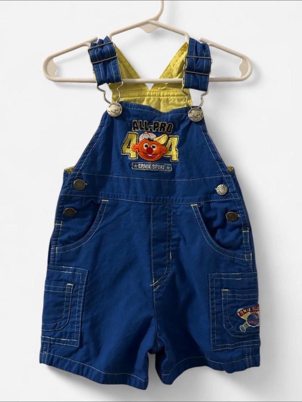 Vintage Sesame Street Blue Overalls Shorts with Yellow Lining and Ernie Patch